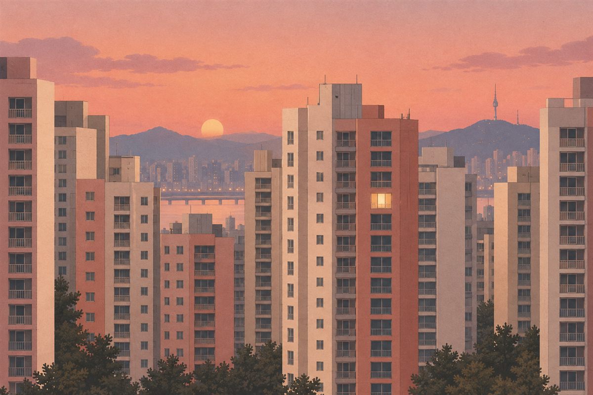 해질녘 아파트 단지, 한 창문만 따뜻하게 불이 켜져 있는 풍경